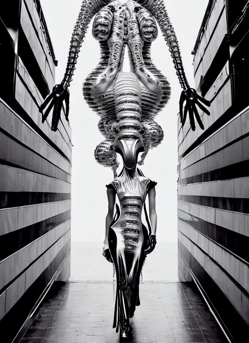 Image similar to walking down the catwalk, steven klein, show, stage, vogue photo, podium, fashion show photo, historical baroque dress, iris van herpen, beautiful woman, full body shot, masterpiece, inflateble shapes, alien, predator, guyver, jellyfish, white biomechanical details, highly detailed