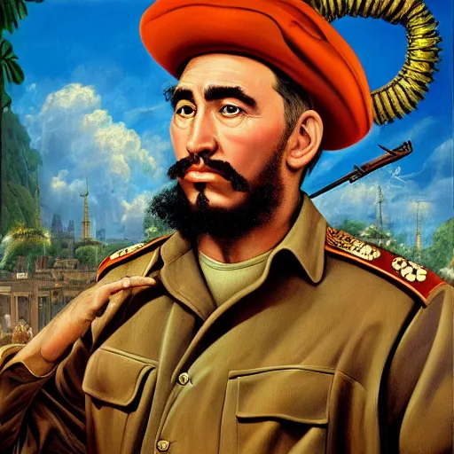 Image similar to Fidel Castro propaganda poster, Realistic, Regal, Refined, Detailed Digital Art, Michael Cheval, Walt Disney (1937), François Boucher, Oil Painting, Steampunk, Highly Detailed, Cinematic Lighting, Unreal Engine, 8k