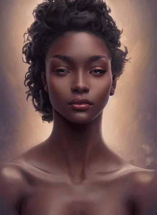 Prompt: portrait of a stunningly beautiful young black woman, highly detailed, digital painting, artstation, concept art, sharp focus, illustration, art by artgerm and greg rutkowski and alphonse mucha, incredibly beautiful and symmetrical face, incredibly detailed, award winning art, royal