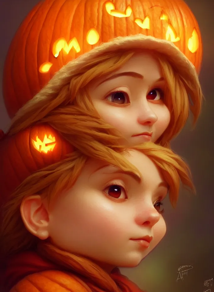 Image similar to hand drawn cute one gnomes face in autumn and pumpkin, detailed closeup face, concept art, low angle, high detail, warm lighting, volumetric, godrays, vivid, beautiful, trending on artstation, art by artgerm and greg rutkowski and alphonse mucha