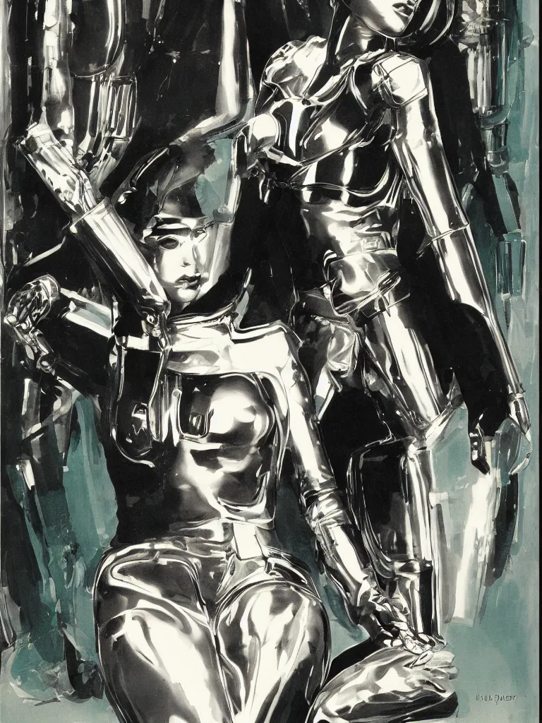 Image similar to a Royal portrait of chrome android woman as illustrated by H.R. Geiger. 1979