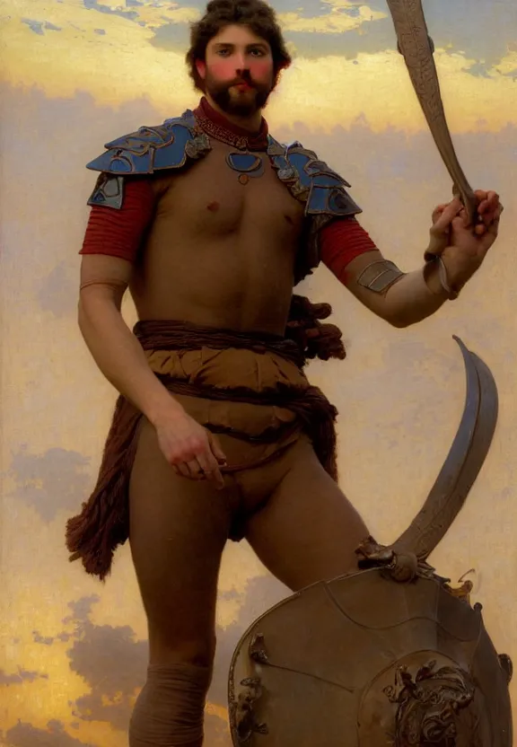 Prompt: attractive handsome fully clothed beck hansen confesses his love for attractive fully armored bjorl. centered composition. highly detailed painting by gaston bussiere and j. c. leyendecker and william adolphe bouguereau and fra angelico and octane render, musee d'orsay 8 k