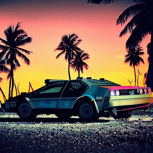 Image similar to car wide shot epic post apocalyptic landscape miami nuke fire craters end of the world miami beach sunset vapor wave palm trees 80s synth retrowave delorean decal