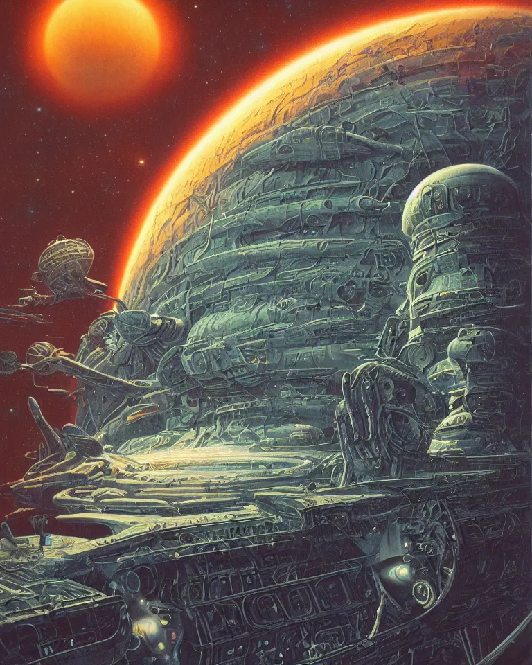 Prompt: vintage scifi book cover, 6 0 s, cosmic, alien planet, a single lonely massive spaceship, gross alien, retro futurism by tim hildebrandt, wayne barlowe, bruce pennington, donato giancola, larry elmore, oil on canvas, masterpiece, trending on artstation, cinematic composition, beautiful lighting, sharp, details, hd, 8 k