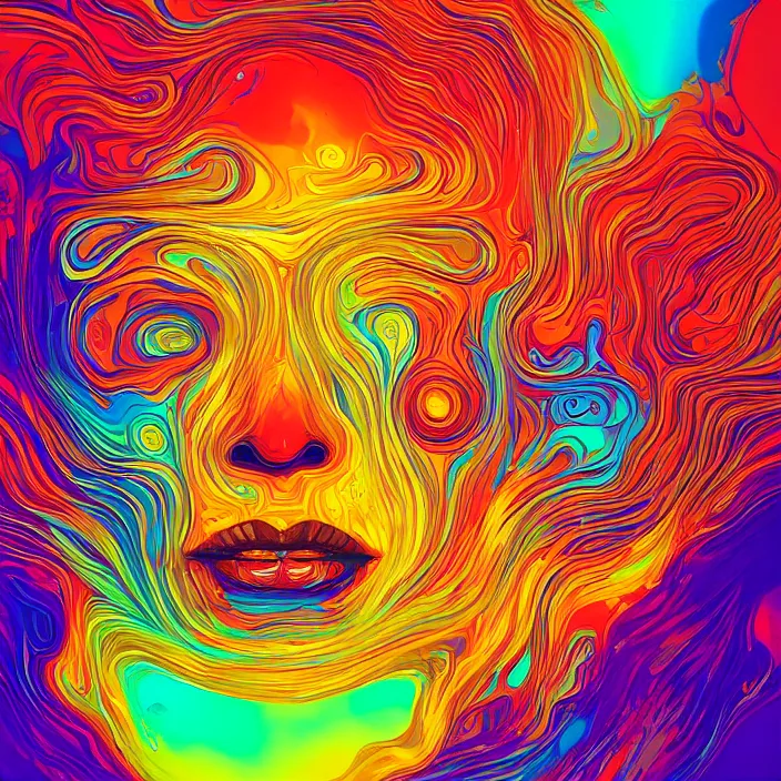 Image similar to illustration of a colorful melting human head. circles, ferrofluids, water distortions. intricate abstract. intricate artwork. beeple