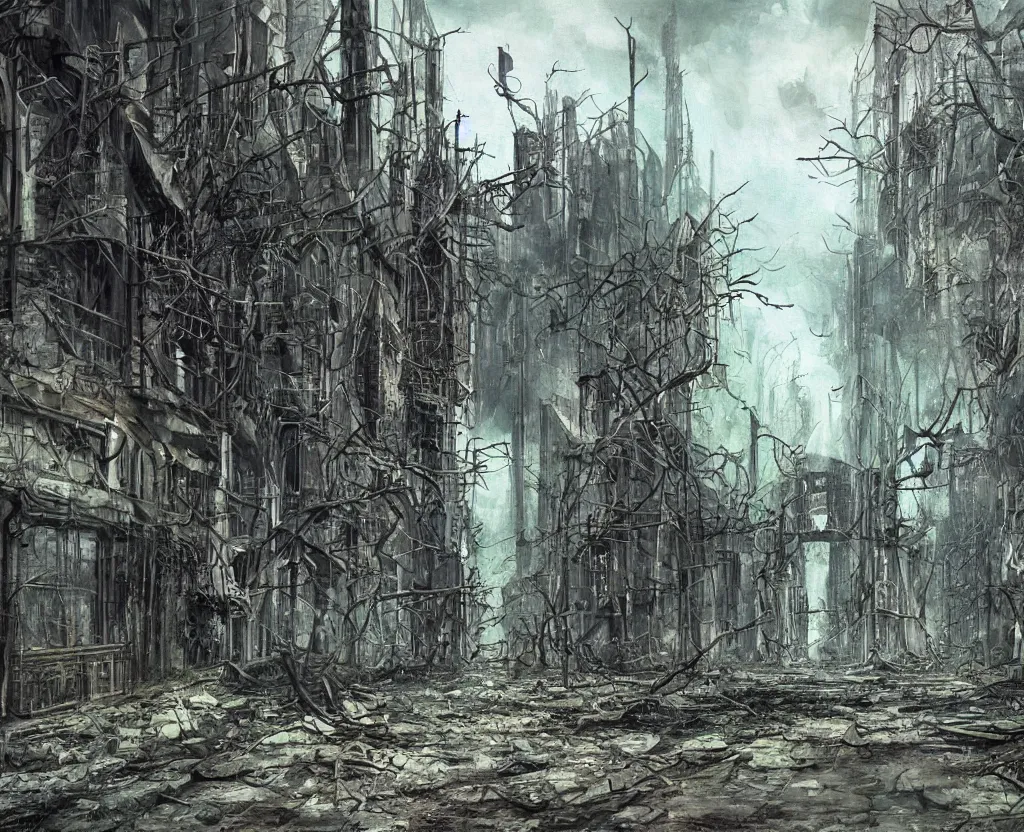 Image similar to a Dystopian gothic painting of the abandoned streets of the overgrown arcology