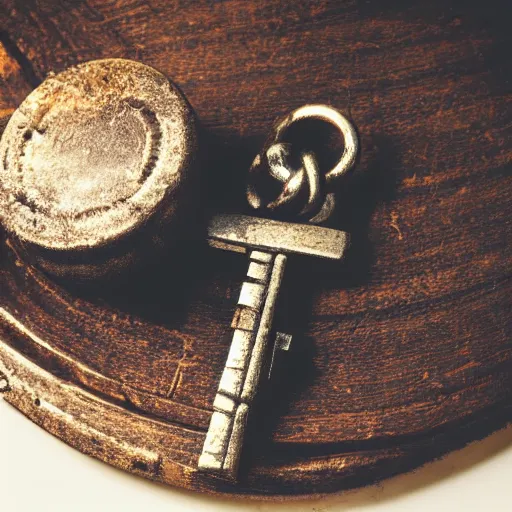 Image similar to a stylised old metal key, key is on the center of the image, rpg game inventory item, on the white background