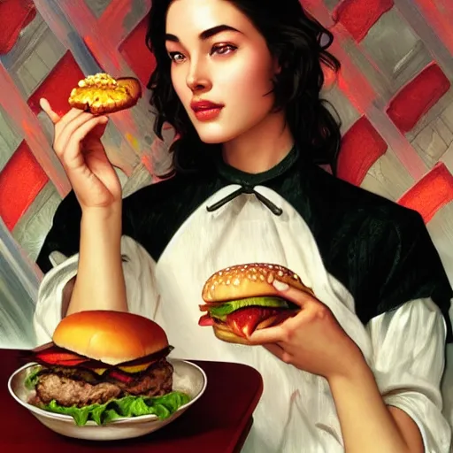 Prompt: portrait of Gregory Peck eating hamburgers, extra onions and ketchup, luscious patty with sesame seeds, feminine ethereal, handsome, D&D, fantasy, intricate, elegant, highly detailed, digital painting, artstation, concept art, matte, sharp focus, illustration, art by Artgerm and Greg Rutkowski and Alphonse Mucha