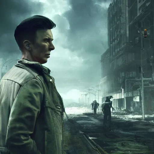 Prompt: fallout 5, charismatic david bowie, portrait, outdoors ruined cityscape, atmospheric lighting, painted, intricate, volumetric lighting, beautiful, daytime, sunny weather, slight overcast, sharp focus, deep colours, ultra detailed, by leesha hannigan, ross tran, thierry doizon, kai carpenter, ignacio fernandez rios