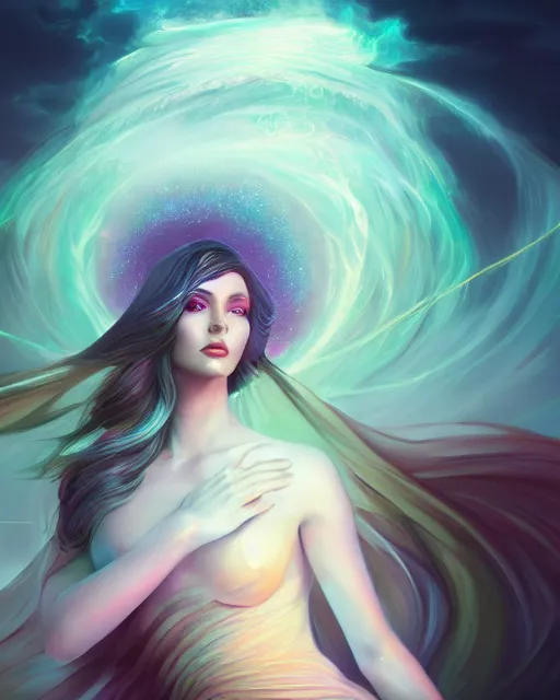 Prompt: painting of stunning otherworldly goddess of beauty rising from the void, highly detailed, digital painting, artstation, concept art, smooth, sharp focus, illustration, 8 k