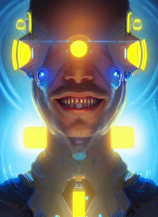 Image similar to symmetry portrait of a man with a grin, sci - fi, tech wear, blue and yellow glowing lights, intricate, elegant, highly detailed, digital painting, artstation, concept art, smooth, sharp focus, illustration, art by artgerm and greg rutkowski and alphonse mucha