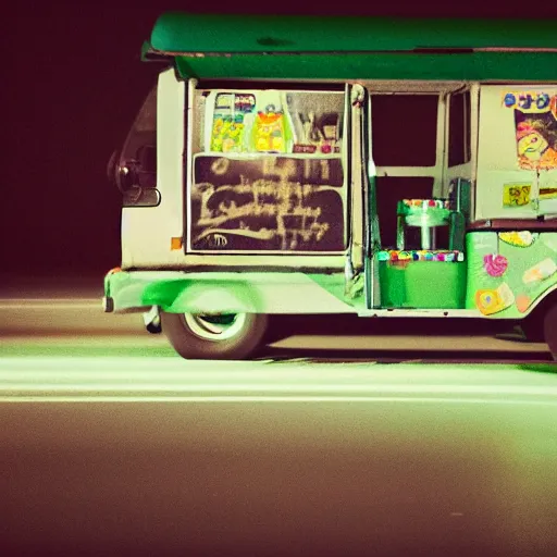 Prompt: an ice cream truck driving on the road at night with green headlights, Film Washi 'W', old photo