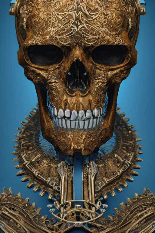 Image similar to hyperrealistic 3d render ultra detailed of a skull, art deco, steam punk, intricate gears details, hyperrealistic, Volumetric lighting, ultra detailed, elegant, octane render, blue and gold, 8k, trending on Artstation, unreal engine