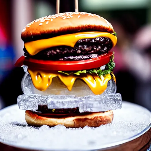 Prompt: a clear ice sculpture of a burger, 4 k