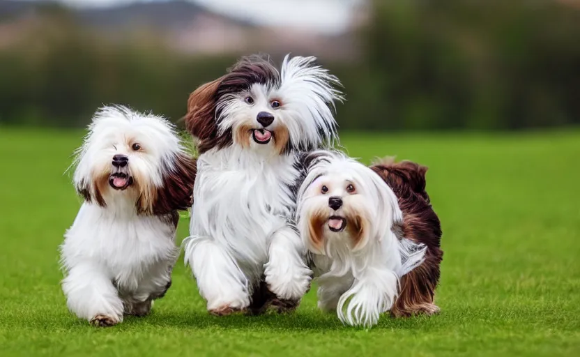 Prompt: parti colored white and brown havanese dogs playing on a grassy field