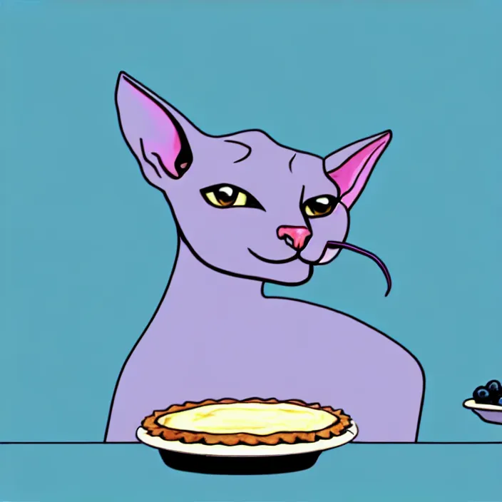 Image similar to an anthropomorphic sphynx cat eating blueberry pie, deviantart, furry, low quality, ms paint