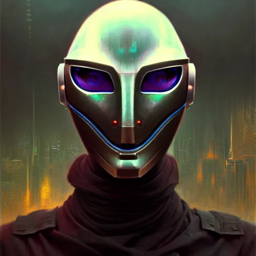 Image similar to detailed character concept art portrait of a masked robot in a city, trending on artstation, award - winning video game concept art by jim burns and greg rutkowski, beksinski, a sci - fi concept art masterpiece, james gilleard, bruegel, alphonse mucha, and yoshitaka amano.