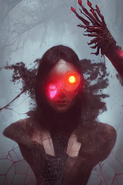 Prompt: A beuatiful portrait of a beautiful spider women by Greg Rutkowski, beeple, Sung Choi, Mitchell Mohrhauser, Maciej Kuciara, Johnson Ting, Maxim Verehin, Peter Konig, Bloodborne, 8k photorealistic, cinematic lighting, HD, high details, dramatic, dark atmosphere, trending on artstation