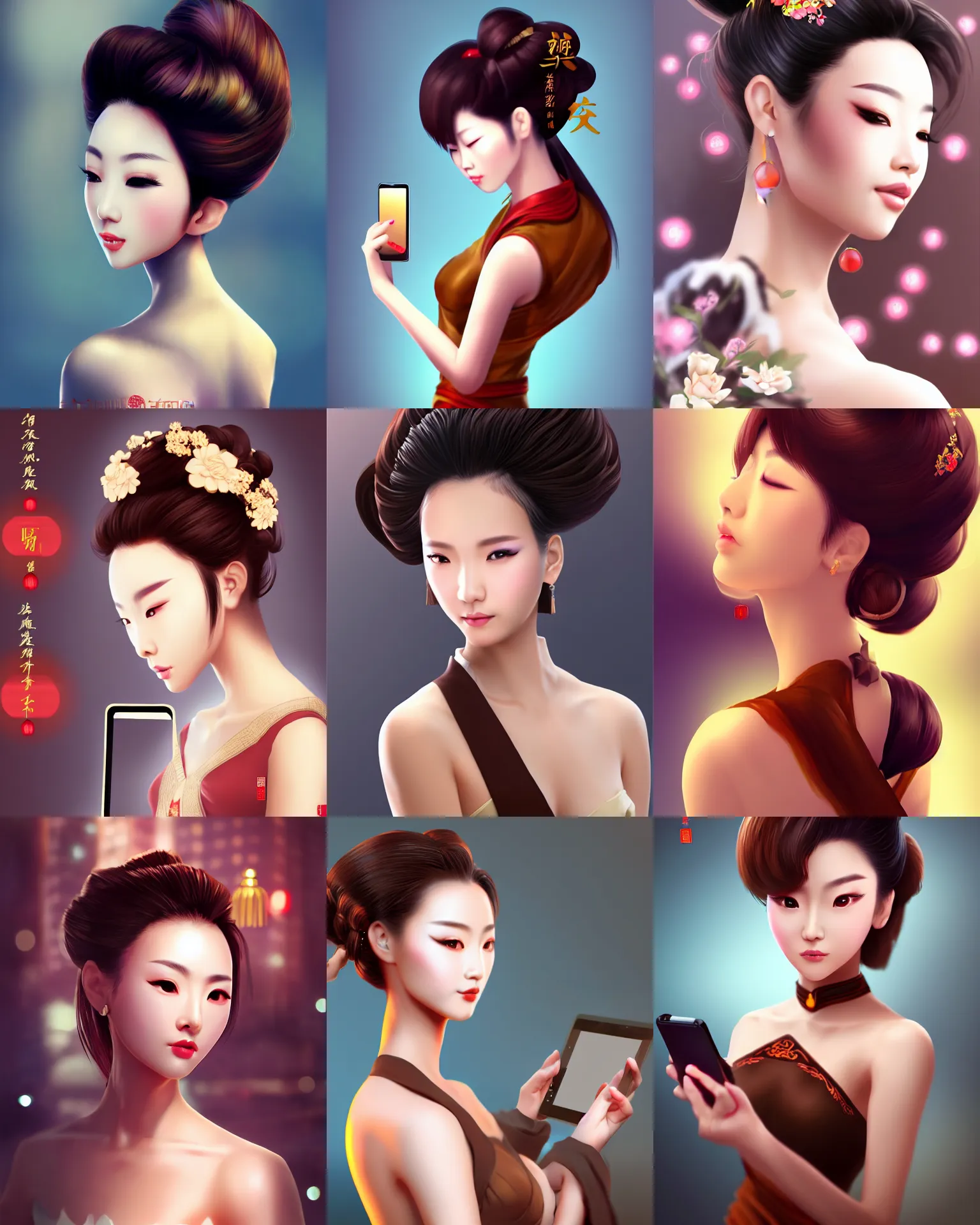 Prompt: chinese beauty with brown updo using mobile phone facing the computer display, full body, bokeh, artstation