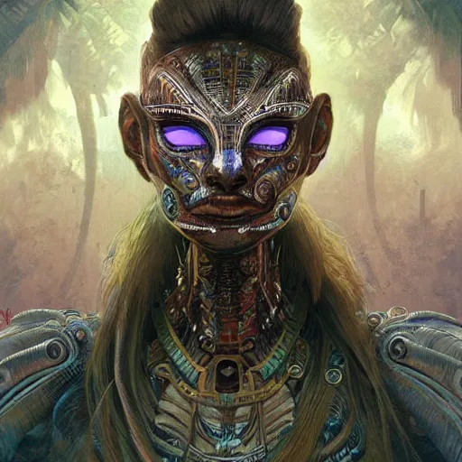 Image similar to An Alien Robot Mayan Ruler, facial tattoos, artists portrait, biomechanical, wild jungle, fantasy, highly detailed, digital painting, concept art, sharp focus, depth of field blur, illustration, art by artgerm and greg rutkowski and alphonse mucha