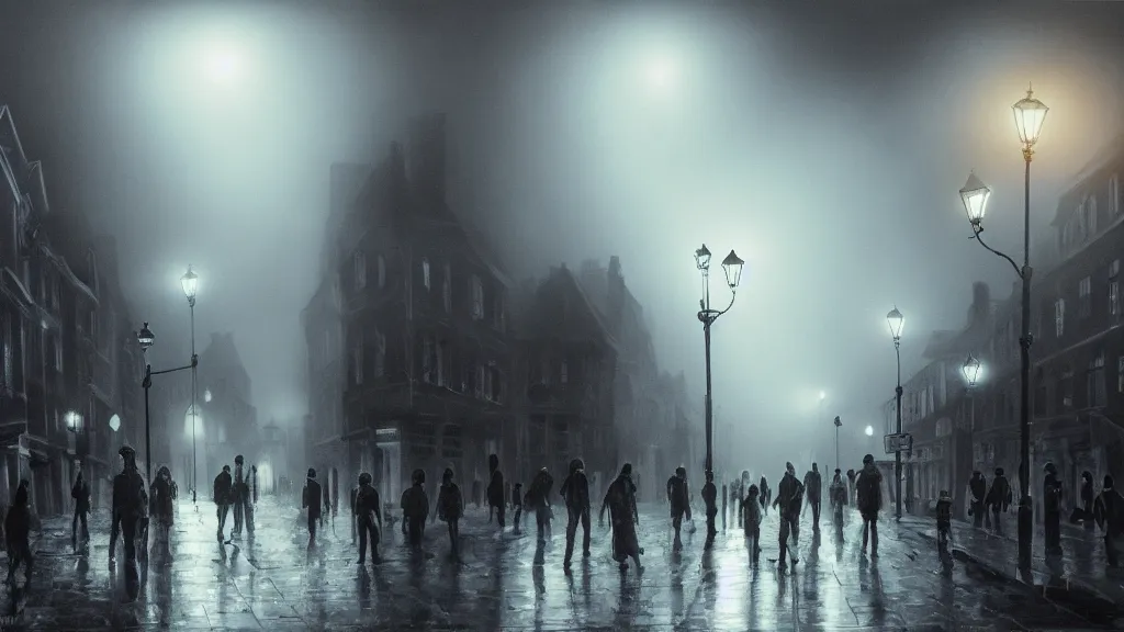 Prompt: a black hole with glowing edges over old town with houses in the windows of which the light is on and a crowd of people on street. early morning, fog on ground, wet street. mike barr painting. volumetric light, dull colors, dark, noir arthouse, 3 5 mm, hight detalied, hd, 4 k