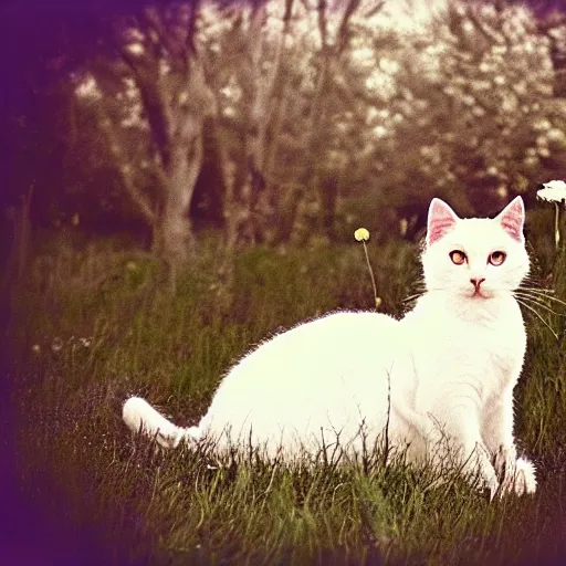 Prompt: a 70s grainy photograph of a white cat with fairy wings in a meadow in bloom. Desaturated, bleached colors. Hippie woodstock style. Marygolds, daysies, grass. Kodak, polaroid