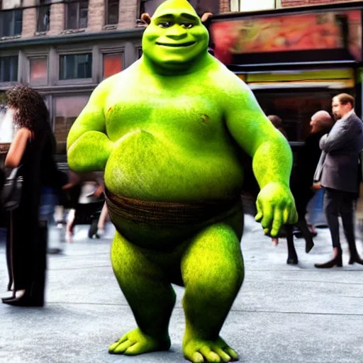 Image similar to shrek walking on new york street wearing a suit , hyperrealistic