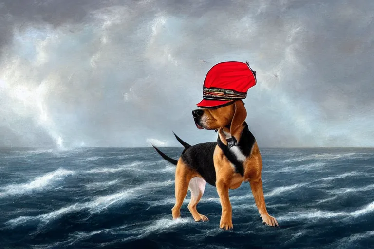 Prompt: a beagle with a captain hat on a sailing boat in a storm