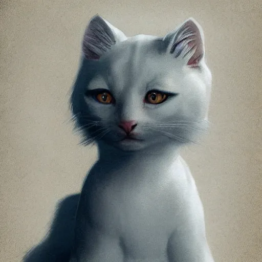 Image similar to A little white kitty sitting on a table, Graceful body structure,cute,Symmetrical face,highly detailed,elegant,Marc Simonetti and Caspar David Friedrich, Trending on artstation