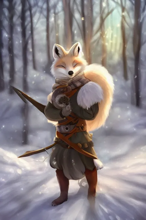 Prompt: a pretty medieval anthropomorphic snow fox ranger with a fluffy tail in the forest, comic art, trending on furaffinity, cartoon, kawaii, backlighting, furry art!!!, radiant light, bokeh, trending on artstation, digital art