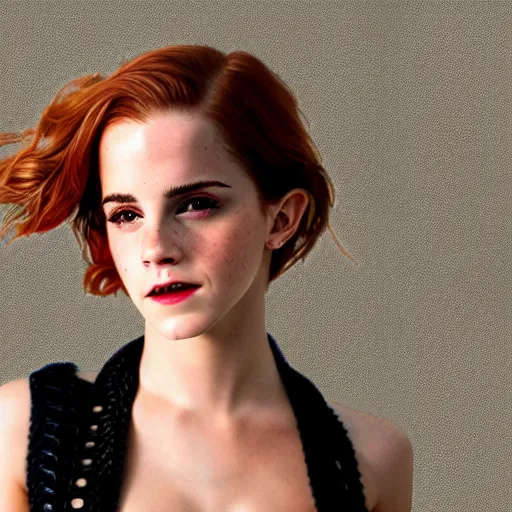 Prompt: redhead emma watson smoking cigar, wearing bikini, close up portrait photo, 8 k,