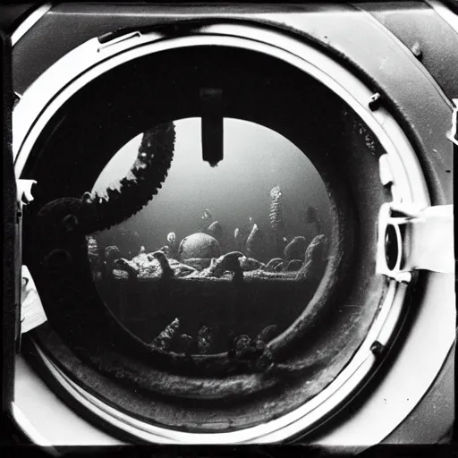 Image similar to an old black and white photo of a nightmarish lovecraftian horror seen through the porthole of a submarine, underwater, creepy, scary, dark,