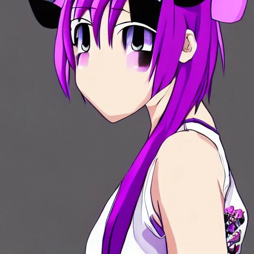 Prompt: anime girl with short purple hair and cat ears and a black tank top, aesthetic