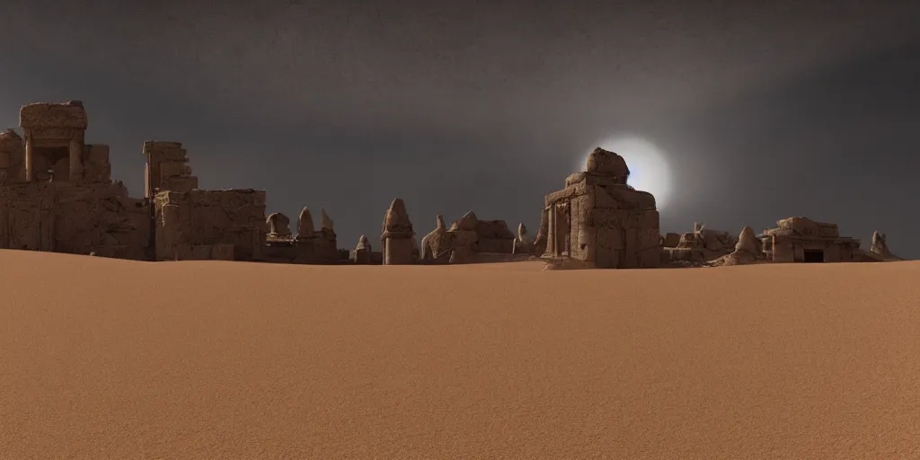 Prompt: a wide desertic matte painting landscape with ancient temple buried in the sun. big sand dunes. under a white sky with black stars. by goya. eerie lighting. photorealistic. artstation. hd.