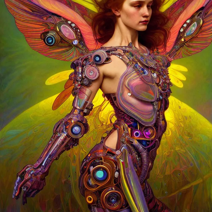 Image similar to bright psychedelic portrait of organic cyborg holding wings, diffuse lighting, fantasy, intricate, elegant, highly detailed, lifelike, photorealistic, digital painting, artstation, illustration, concept art, smooth, sharp focus, art by John Collier and Albert Aublet and Krenz Cushart and Artem Demura and Alphonse Mucha