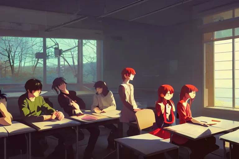 Prompt: toads in a modern high school classroom in winter clear day, expert high detail concept art, perfect proportions fine - face, vivid colors, photorealistic shaded lighting poster ilya kuvshinov, katsuhiro, jeremy lipkin and michael germash, makoto shinkai, wlop loish and clamp style, trending on art station, best selling artist