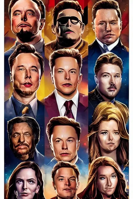 Image similar to a marvel movie poster where all of the faces are of elon musk