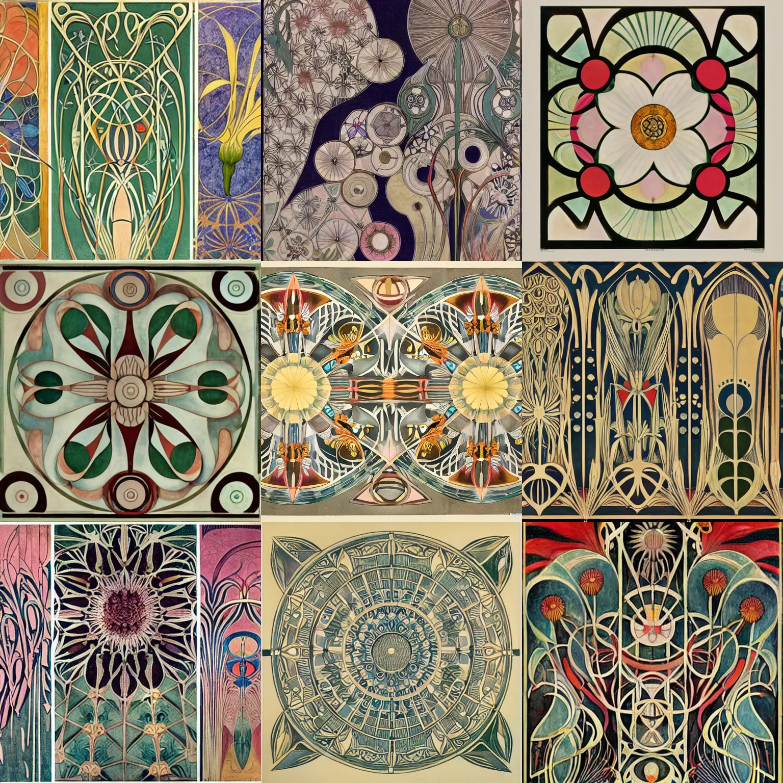 Prompt: flower ( ( art deco ) ) ( ( art nouveau ) ), intricate detail, by ( hilma af klint ) and escher and ( botticelli ) and frank lloyd wright and ( james jean )