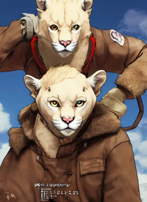 Image similar to character portrait of a albino mountain lion wearing miner's clothes. hidari, color page, tankoban, 4K, tone mapping, Akihiko Yoshida.