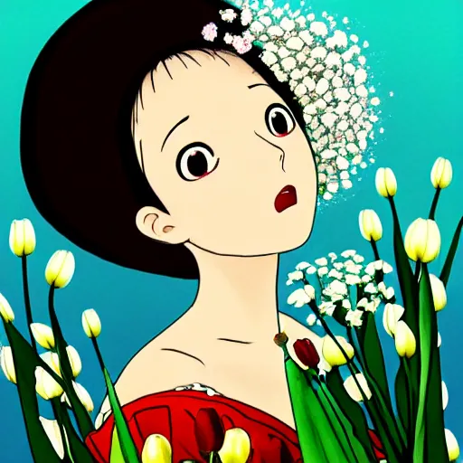 Image similar to beautiful mexican woman, dancing in a tulip and baby's breath field, dark skin, septum piercing and nose ring, prominent cheek bones, black hair and brown eyes, studio ghibli art style, art by hayao miyazaki, makoto shinkai