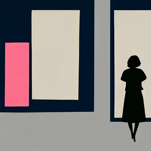 Prompt: A painting of person standing in front of a window, abstract painting in the style of Sophie Taeuber-Arp and Gary Hume and Tatsuro Kiuchi, flat colour-block style, geometric abstraction, dark colours