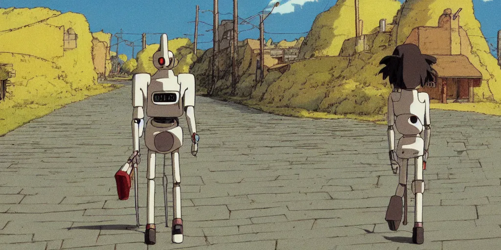 Prompt: A robotic pilgrim walking down a long, empty road, anime style, art by Hayao Miyazaki, art by Studio Ghibli