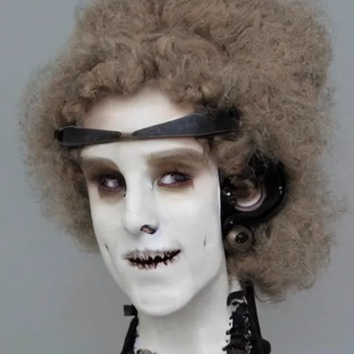 Image similar to Clockwork Cyborg Vampire French Aristocrat, powdered wig, gears, prosthetics, full-body