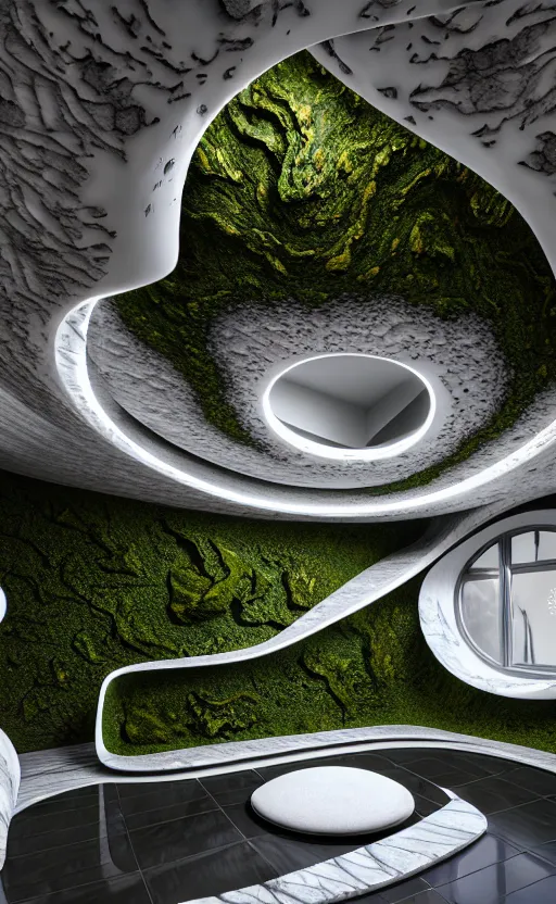 Image similar to highly detailed ultra sharp 3 d render villa interior cinematic composition of a smooth ceramic porcelain biomorphic magnolia stone nebula fluid fractal sci - fi surreal architecture landscape, granite, metallic, magnesium, marble, moss and lichen, vincent callebaut composition, mamou - mani, archviz, beautiful lighting, 8 k, unreal engine, hdr,