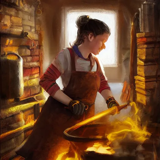 Image similar to the blacksmits’ daughter, working in the forge, a smile at her face, fantasy art in the style of Lilia Alvarado,