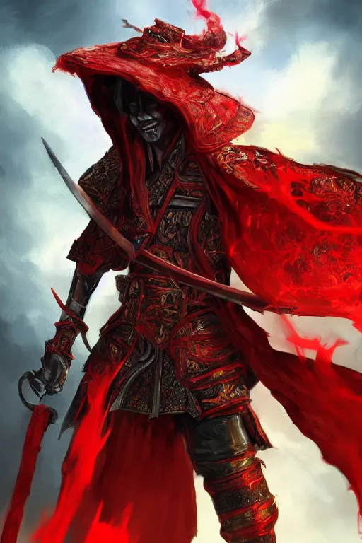 Image similar to Half-length portrait of a demonic humanoid wearing an asian rice hat and a katana. Red clothing, liquid, flux. Black armor. Volumetric lighting, bloom, shadows. Asian landscape, clouds. Fantasy, digital painting, HD, 4k, detailed.