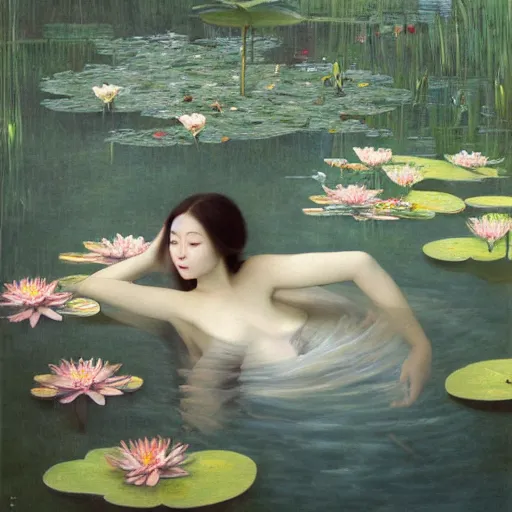 Prompt: a painting of a woman floating in a pond of water lillies, a fine art painting, by liu jun, cgsociety, deviantart, pre - raphaelitism, figurative art, magical realism, detailed painting, made of flowers
