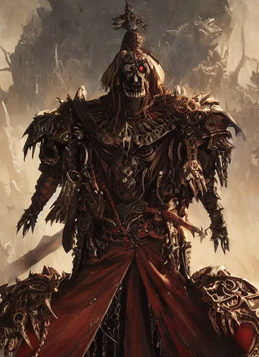 Image similar to An epic fantasy comic book style portrait painting of a supreme necromancer warlord with many undead and skeleton warriors around him, painted by craig mullins, unreal 5, DAZ, hyperrealistic, octane render, cosplay, RPG portrait, dynamic lighting