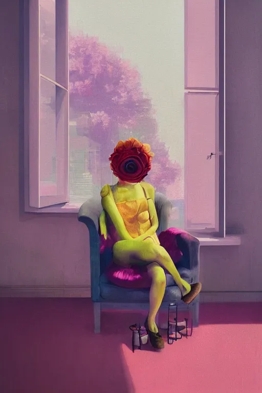 Prompt: closeup, huge flower face, woman sitting on lounge chair by a modern window, surreal photography, studio light, impressionist painting, digital painting, artstation, simon stalenhag