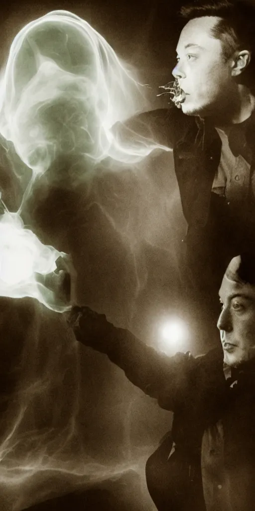 Image similar to elon musk as a ghost photography with bulbous ectoplasm